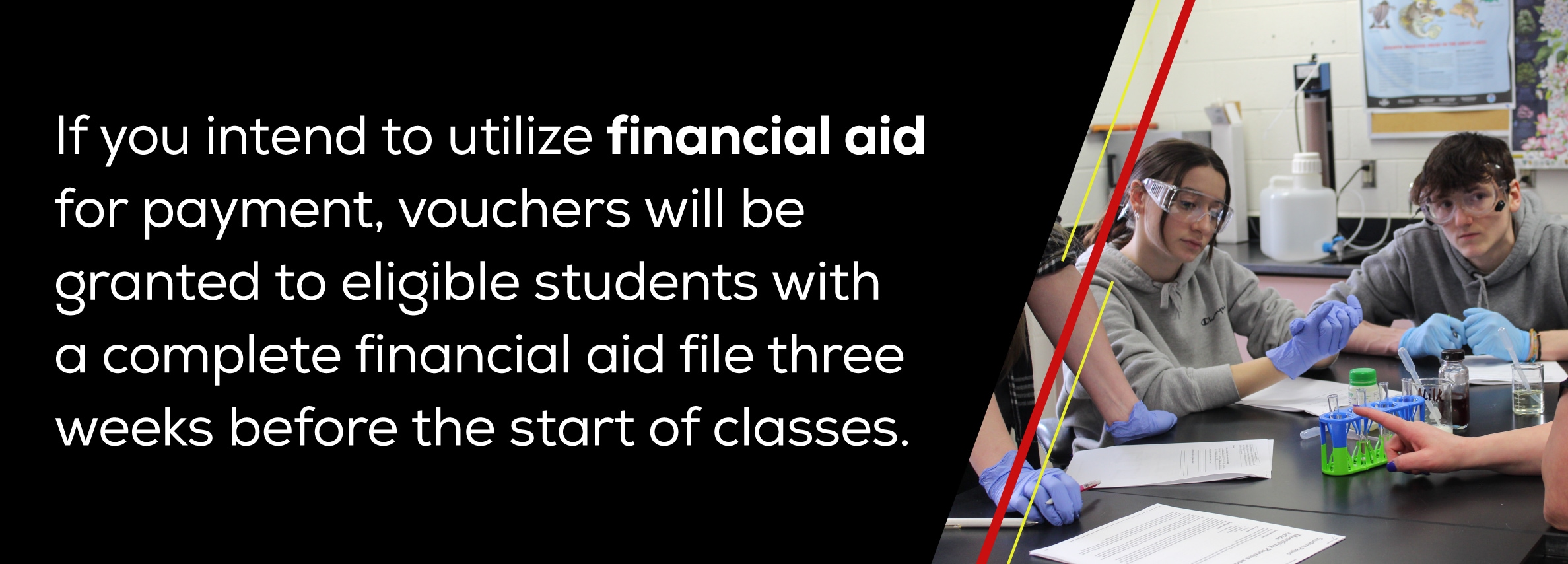 If you intend to utilize financial aid for payment, vouchers will be granted to eligible students with a complete financial aid file three weeks before the start of classes.