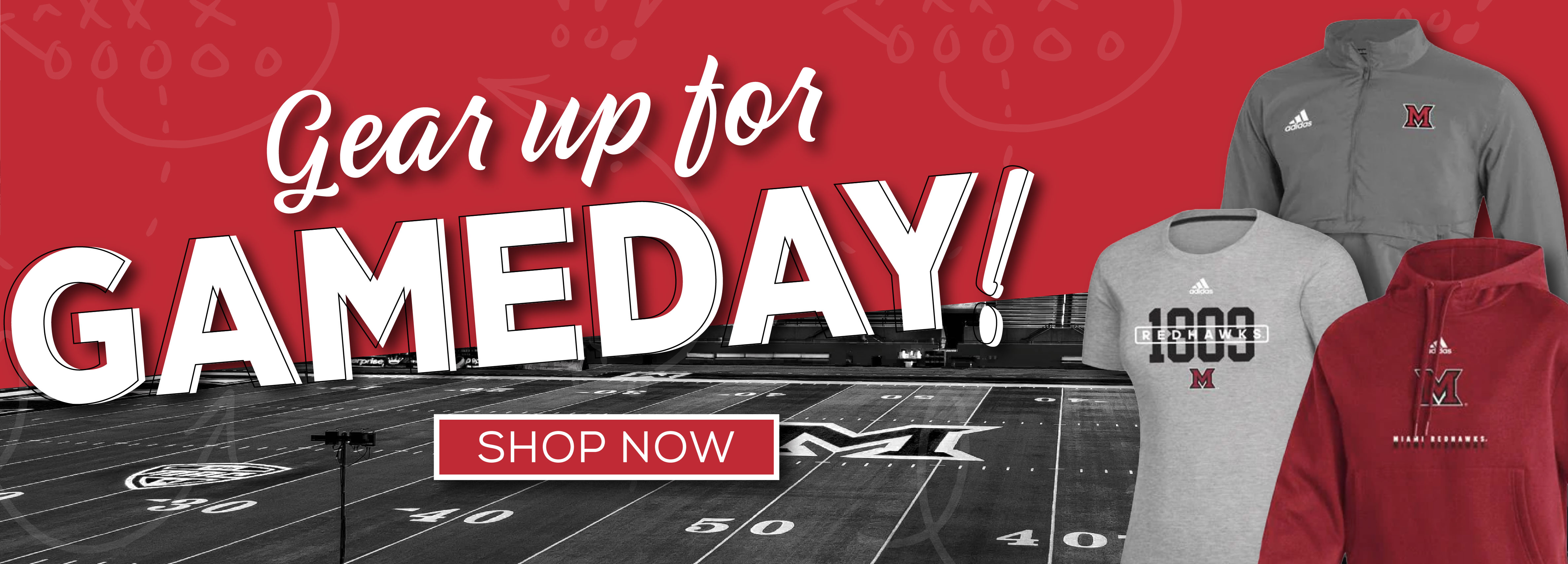 Gear up for GAMEDAY! Shop Now. Images of apparel: 1809 Miami adidas T-Shirt, Grey quarter zip, and red adidas hoodie on a split red background with image of football field.