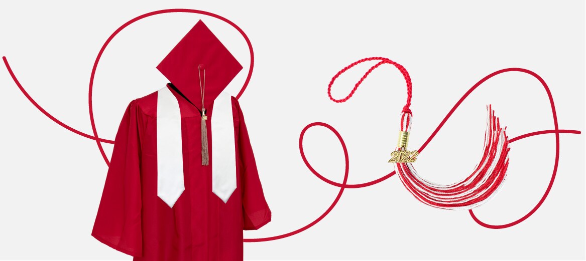 Graduation cap and gown with stole and tassel with swirling graphics