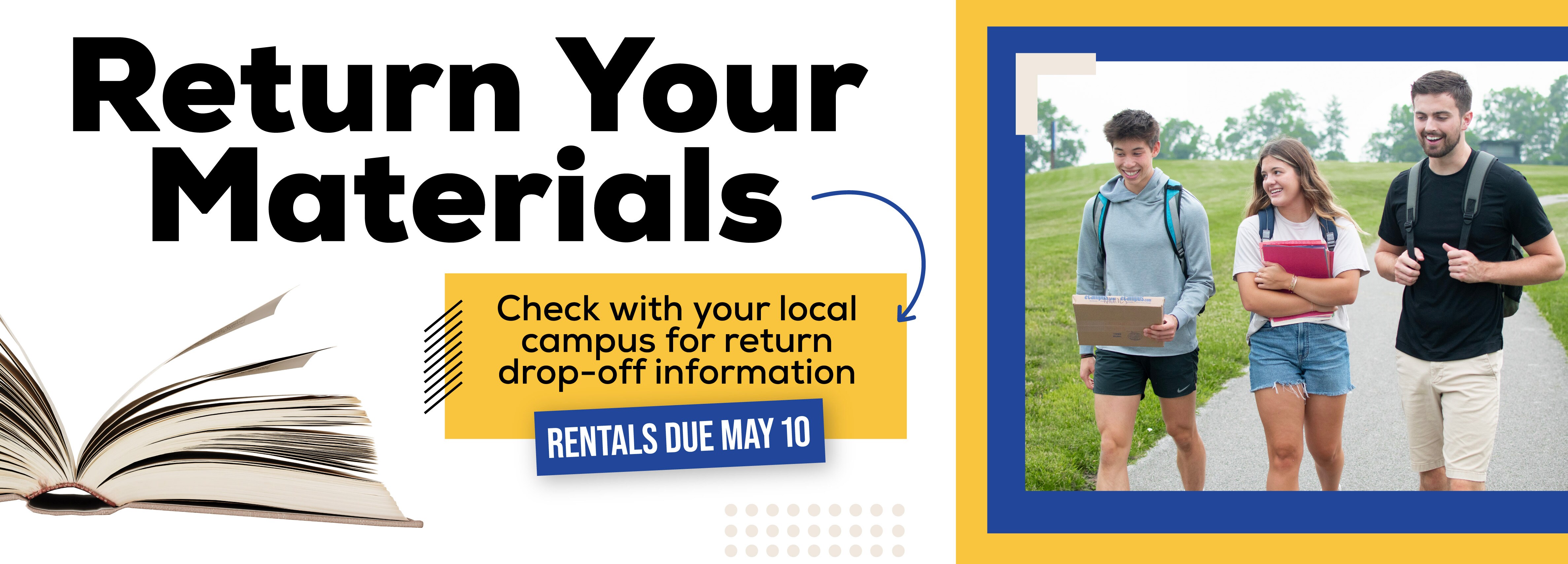Return Your Materials Check with your local campus for return drop-off information  Rentals Due May 10