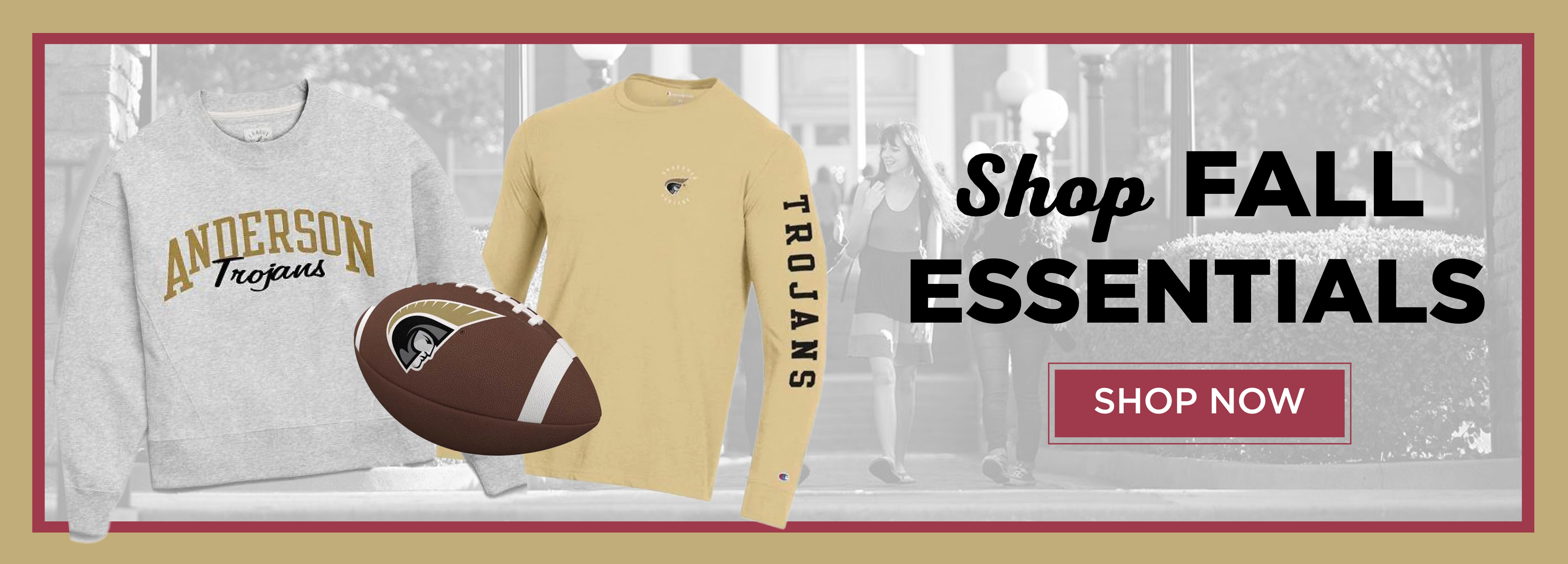 Shop Fall Essentials Shop Now Image of Grey Anderson Sweatshirt, football logo, gold long sleeve Trojans Shirt