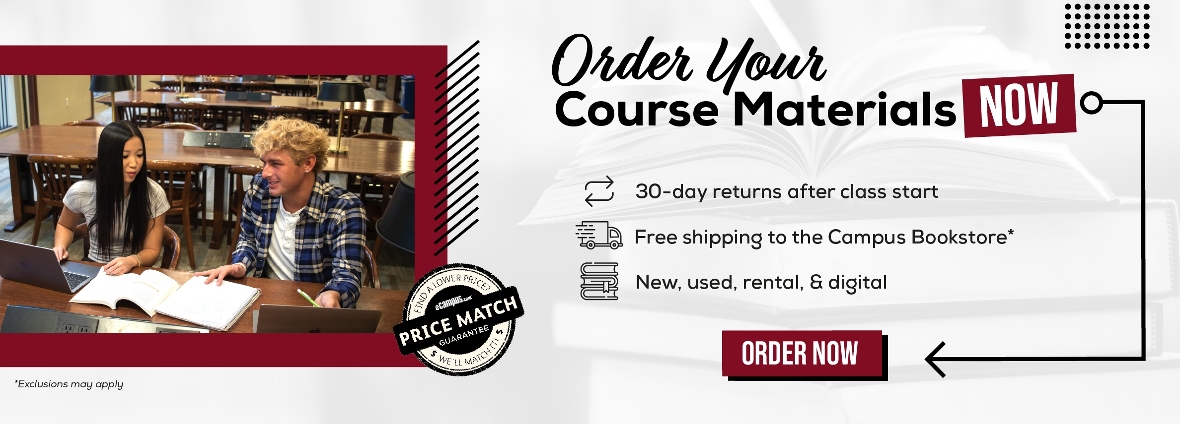 Order Your Course Materials Now. 30-day returns after class start. Free shipping to the Campus Bookstore* New, used, rental, & digital. Order now. *Exclusions may apply. (new tab)