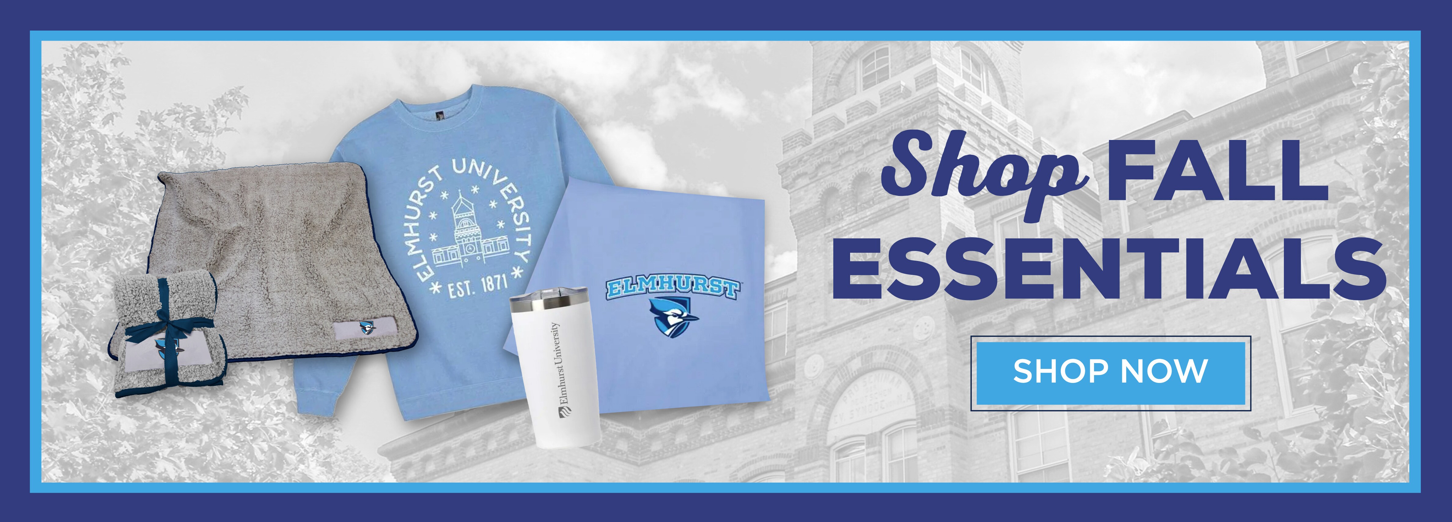 Shop Fall Essentials Shop Now. Grey plush blanket, blue crewneck, white thermos cup, and blue elmhurst blanket