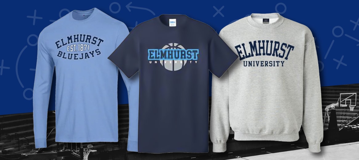 Blue Elmhurst Bluejays Long sleeve, Navy Elmhurst Basketball T-Shirt, and Grey Elmhurst university Crewneck