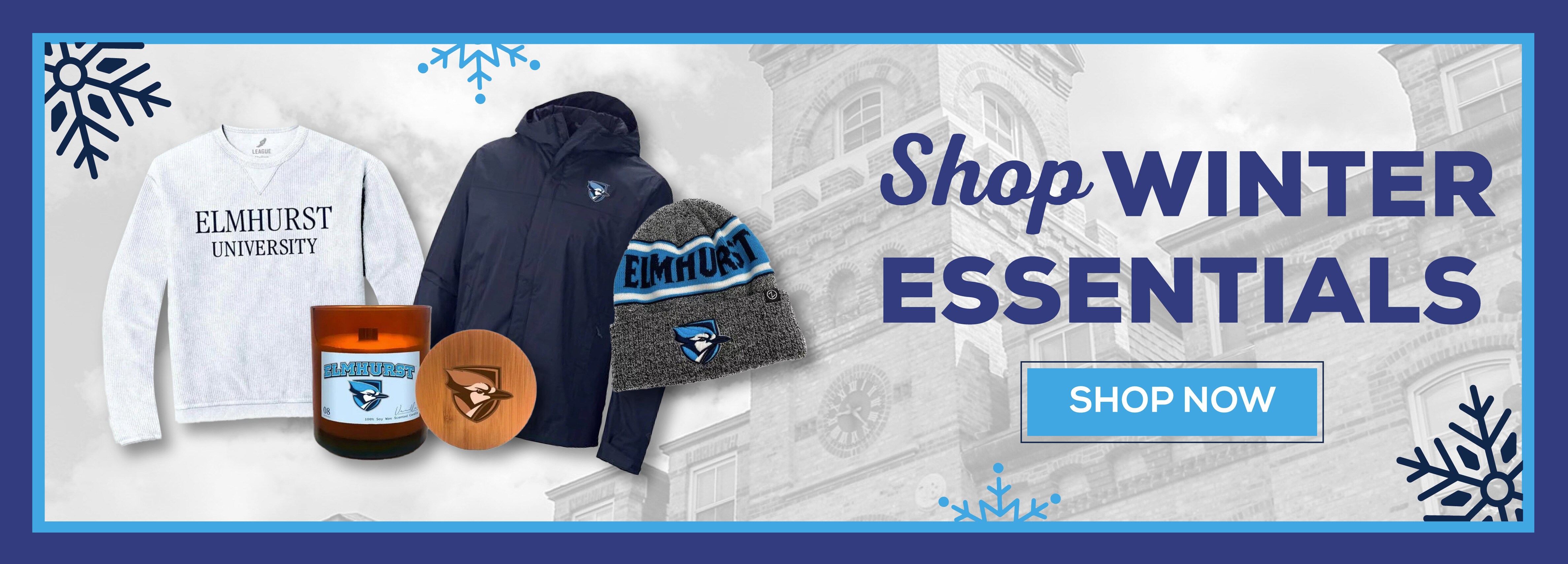 Shop Winter Essentials Shop Now - Pictured, White Elmhurst Crewneck, Elmhurst Wood Wick Candle, Navy Elmhurst Rain Jacket, Elmhurst Winter Hat