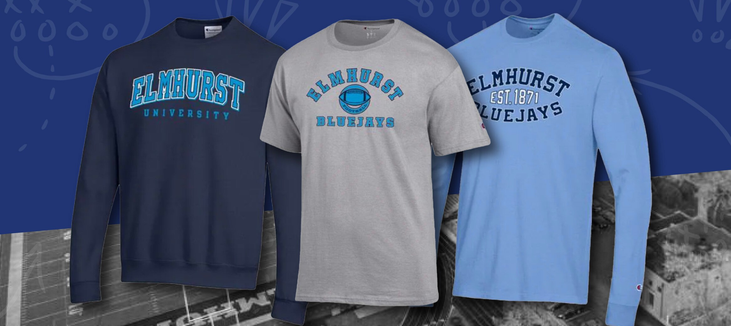 Navy Crewneck Elmhurst University, Grey T-Shirt Elmhurst Bluejays, and Light blue Elmhurst Bluejays long sleeve shirt