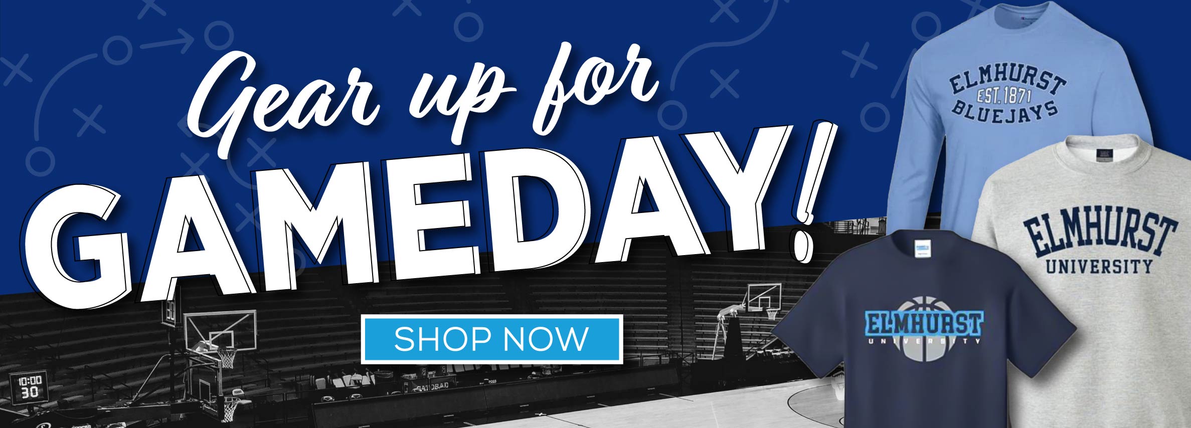 Gear up for Gameday! Shop Now Navy Elmhurst basketball t-shirt, blue Elmhurst Bluejays long sleeve, and grey Elmhurst University crewneck