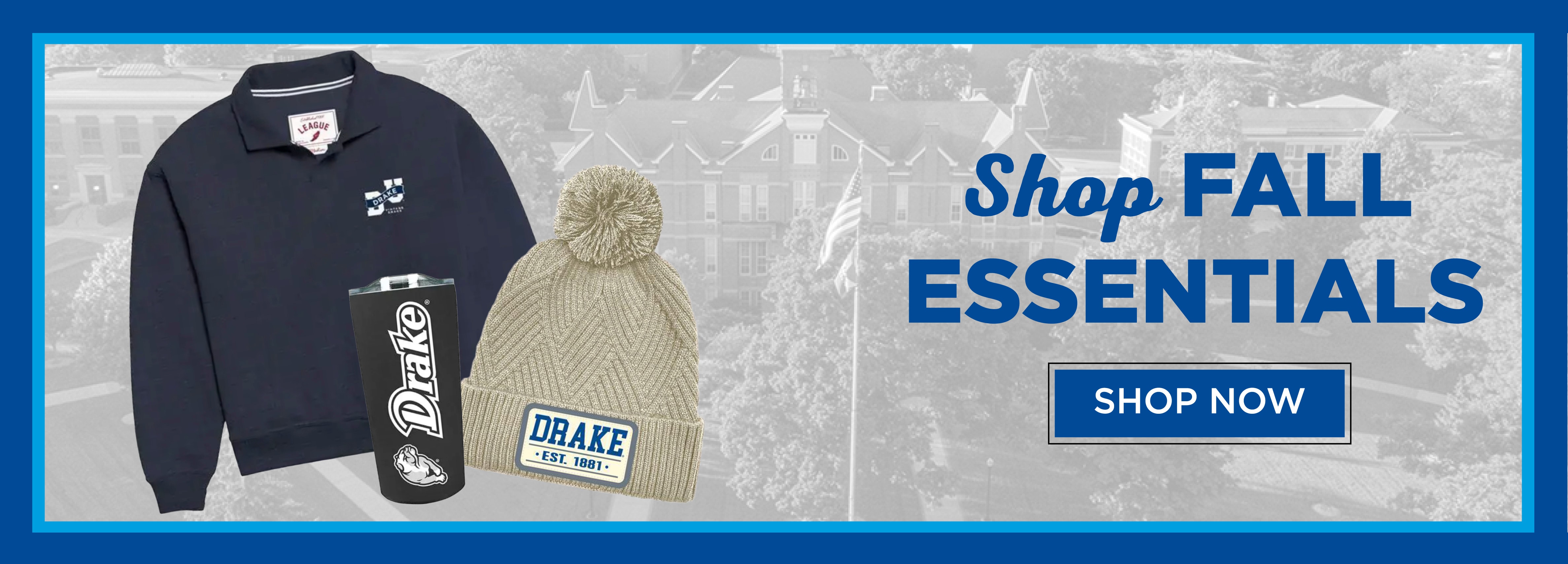 Shop Fall Essentials Shop Now Image of Navy Sweatshirt, Drake Black Cup, Tan Drake Knit Hat
