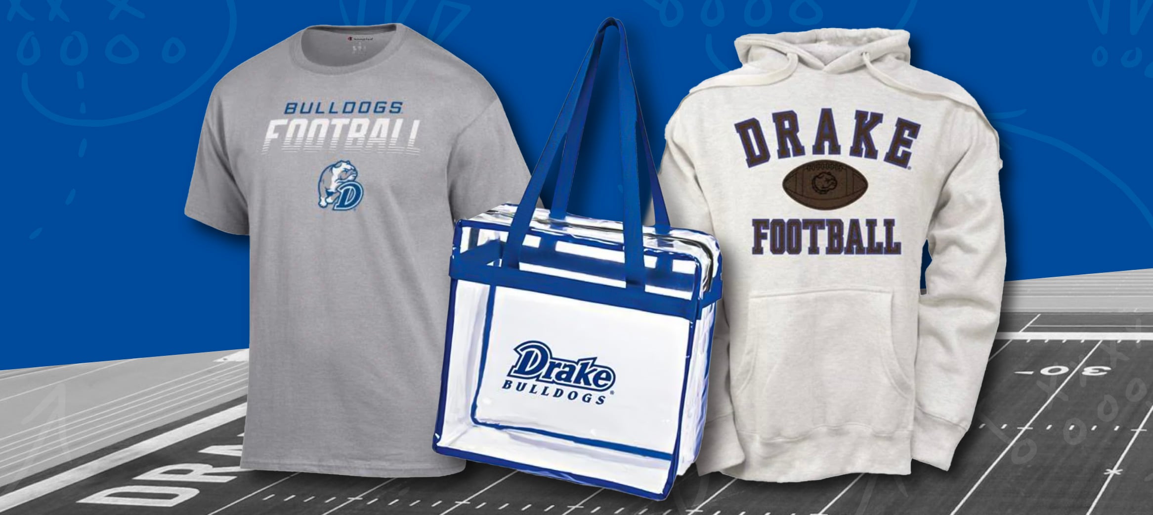 Grey football t-shirt, Drake Clear Tote with Zipper, and White football sweatshirt.