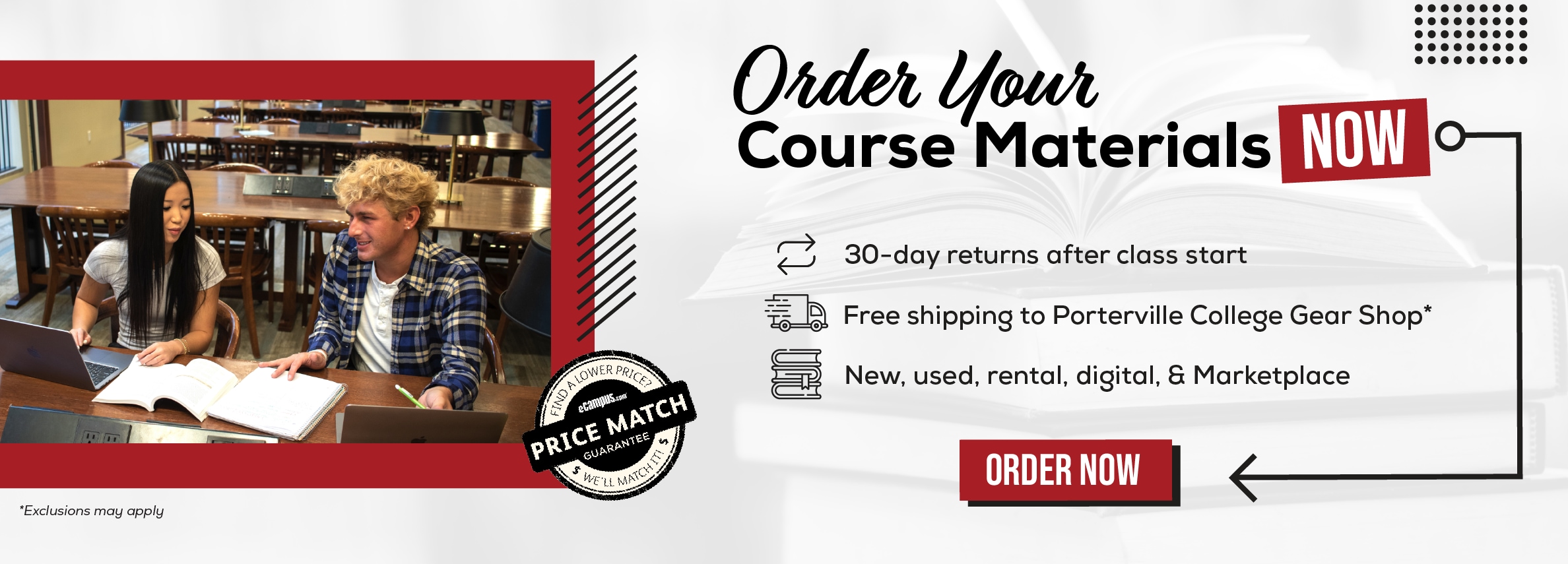 Order Your Course Materials Now. 30-day returns after class start. Free shipping to Porterville College Gear Shop New, used, rental, digital, & Marketplace. Order now. *Exclusions may apply.