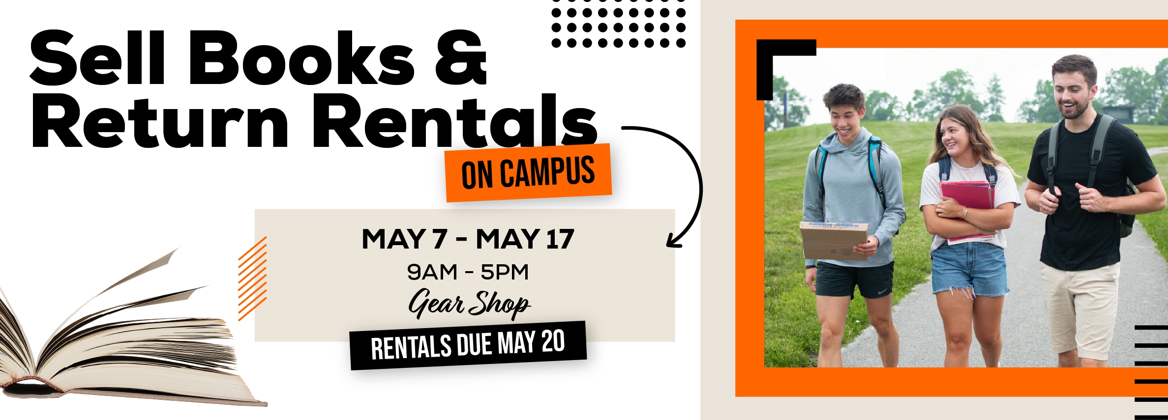 Sell books and return rentals on campus! May 7 - 17. 9am to 5pm. Georgetown College Gear Shop.