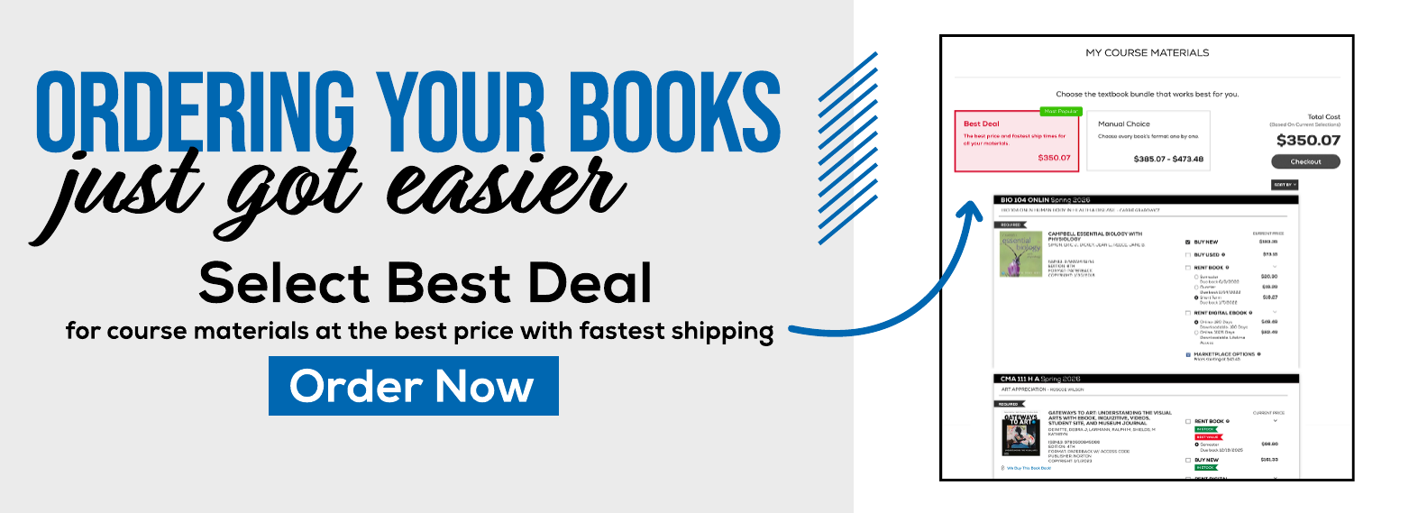 Ordering your books just got easier. Select Best Deal for course materials at the best price with fastest shipping. Order now.